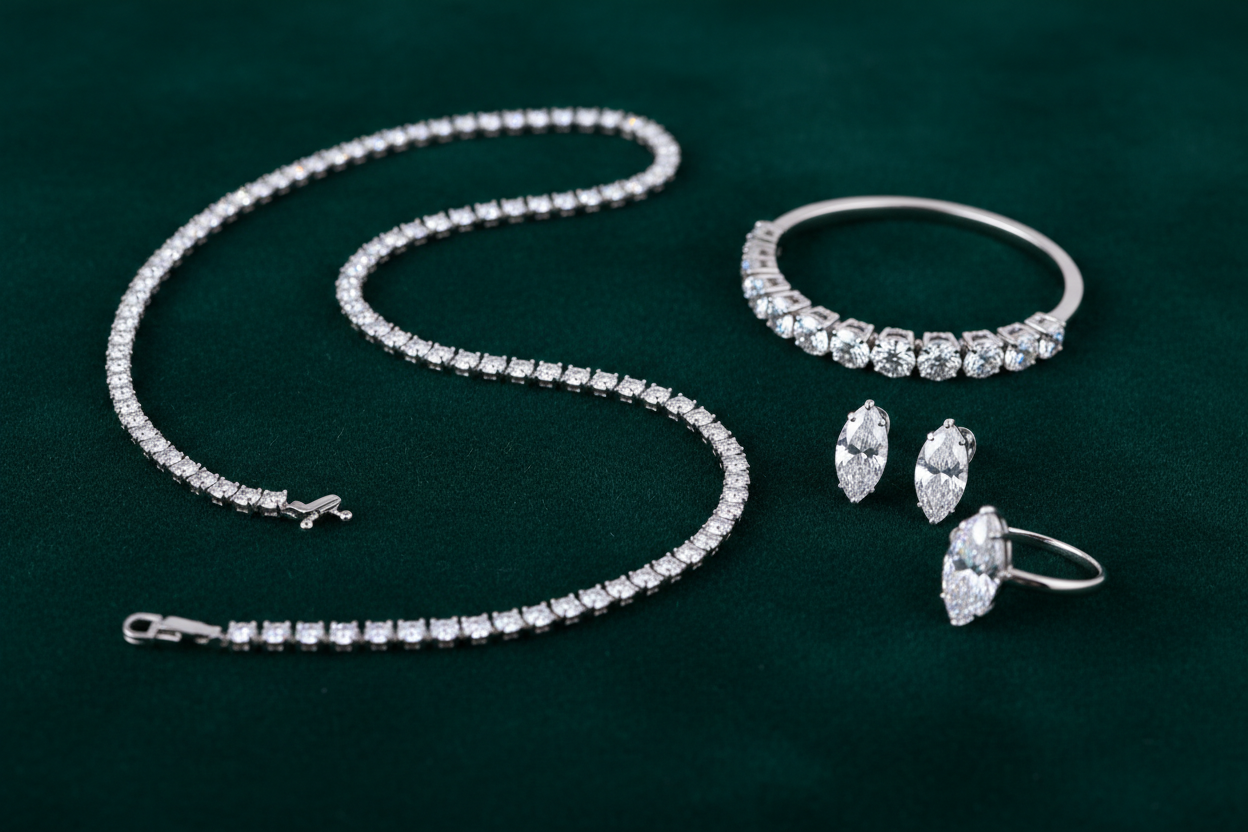 帮我生成一张16:9的 图片，图片内容是：墨绿色丝绒布上有几款白金钻石饰品，风格要简约高级，钻石通透